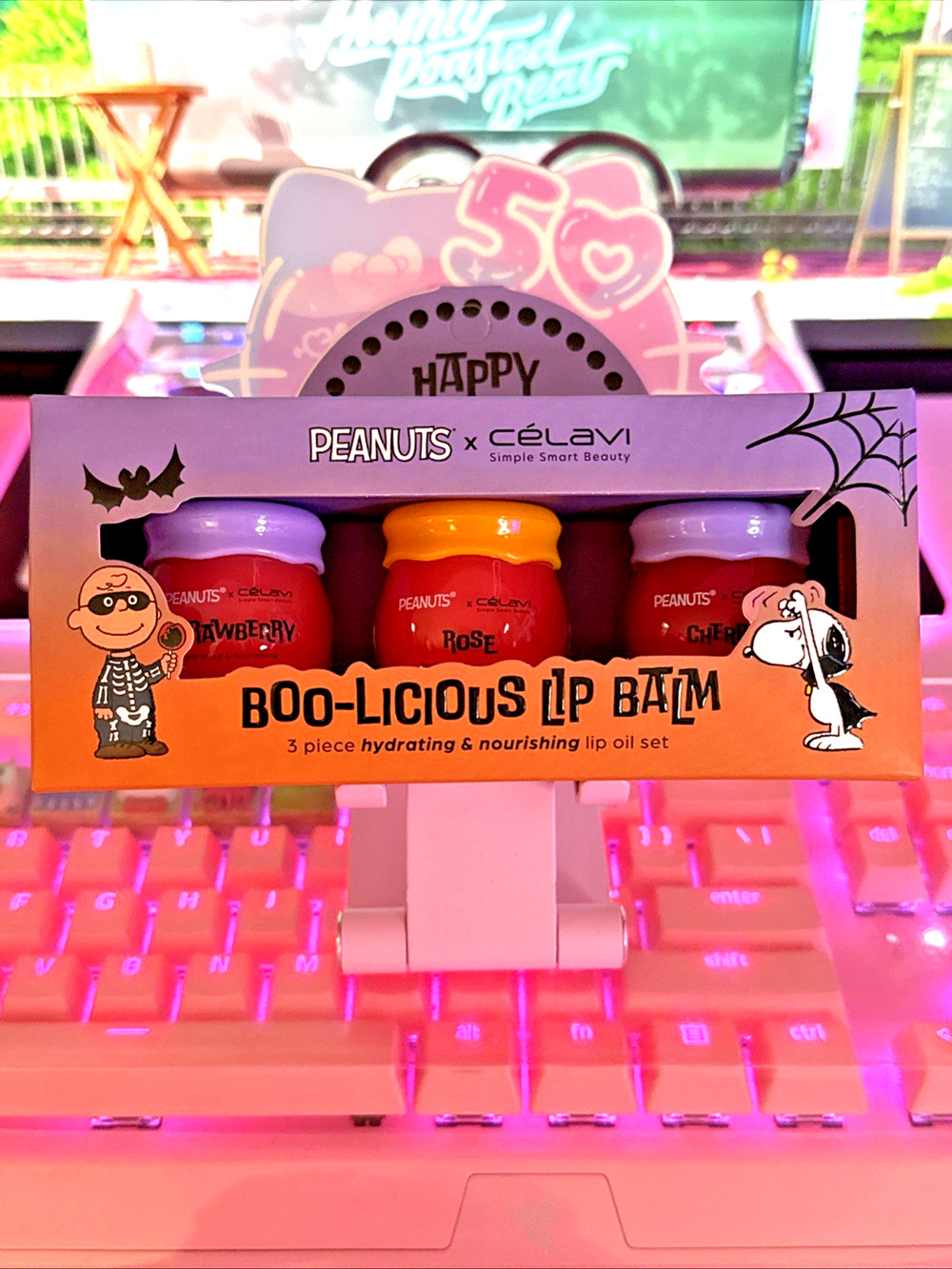 Peanuts X Celavi Lip Balm Oil Snoopy Halloween Boo-licious 3 Piece Cherry Rose